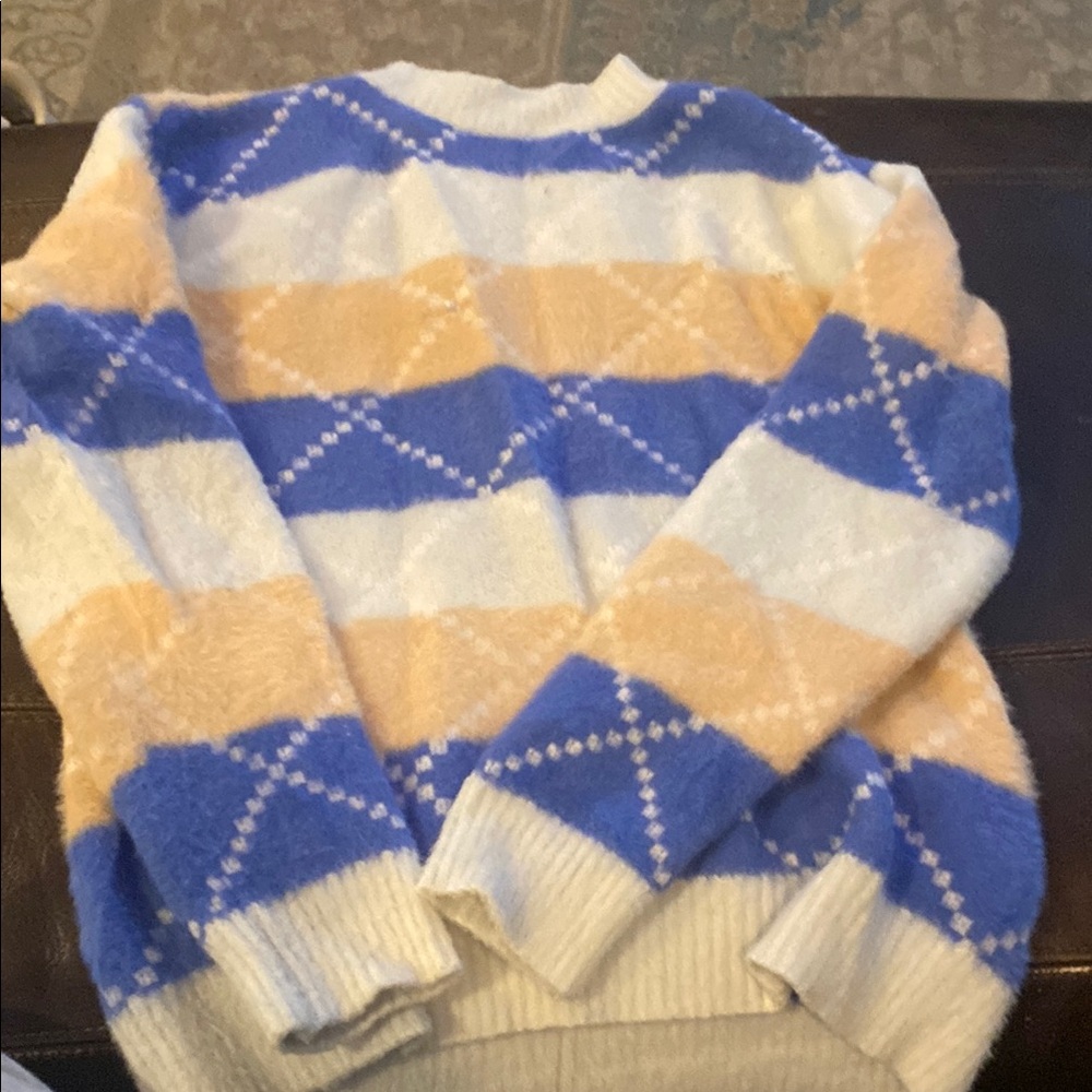 Cozy Blue and Cream Crew Neck Sweater